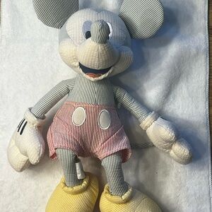 Striped Seersucker Mickey Mouse Plush Toy - Blue. Red, Yellow 17”